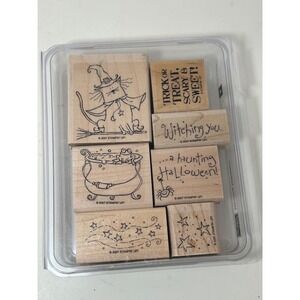 Stampin Up Haunting‎ Halloween Wood Mount Rubber Stamp Set 7pc 2007 Cat Cauldron